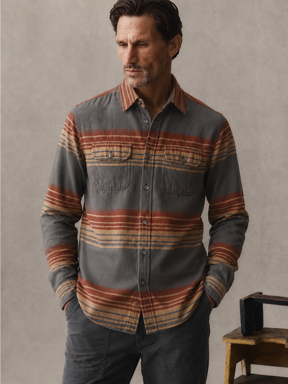 Iron & Resin | Sunshine Lightweight Cotton Flannel Shirt Rust Stripes ~ Large